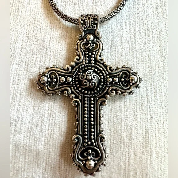Brighton Bali Sterling Silver Large Ornate Cross Necklace - Picture 4 of 10